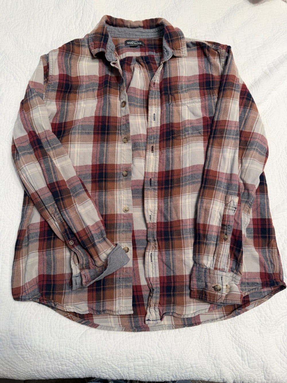 Eddie Bauer Plaid Button-Down Shirt in Red, Brown and Cream